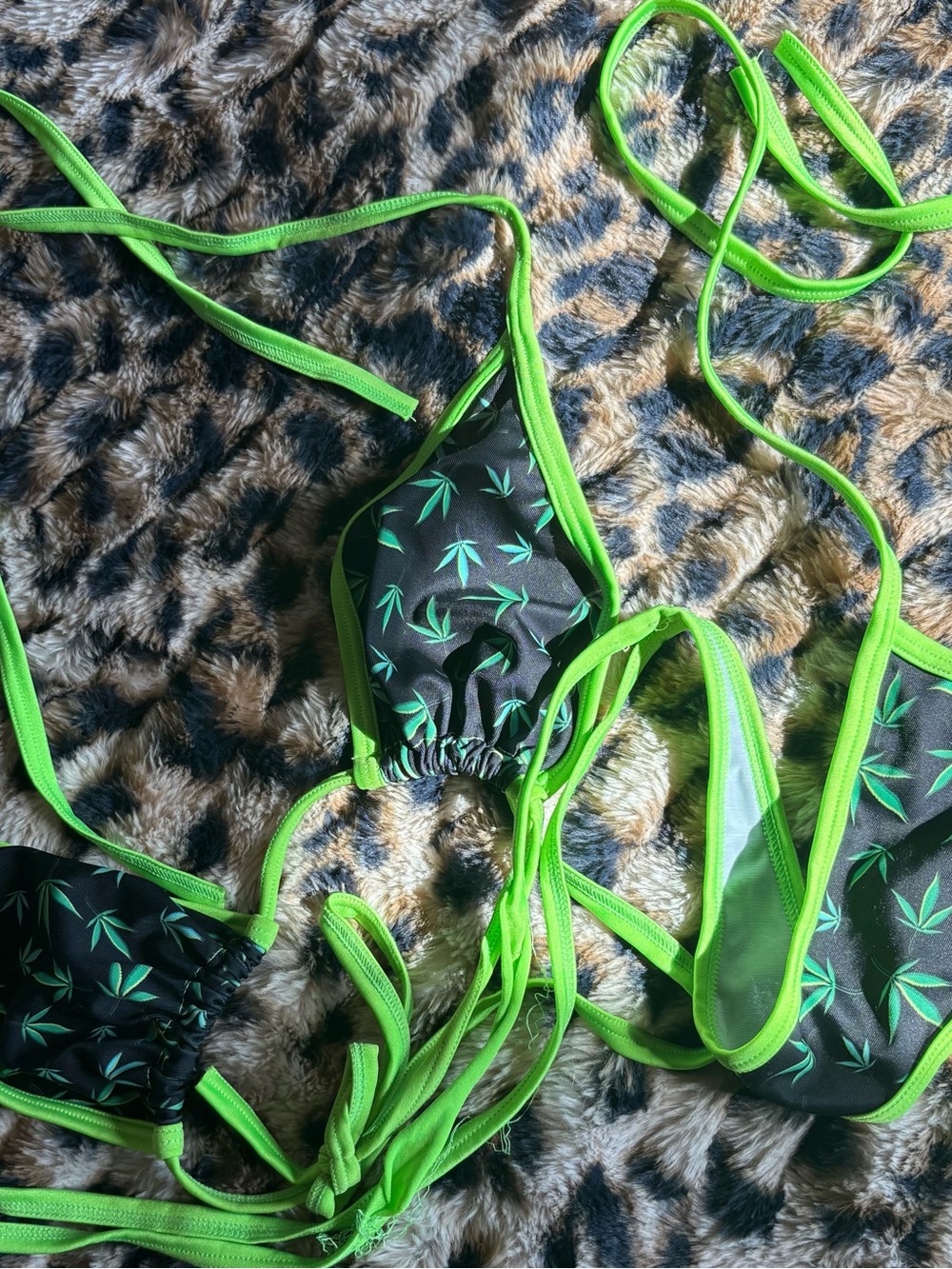 Neon Green Trim Black Dancewear Bikini Top and bottom with Leaf Print